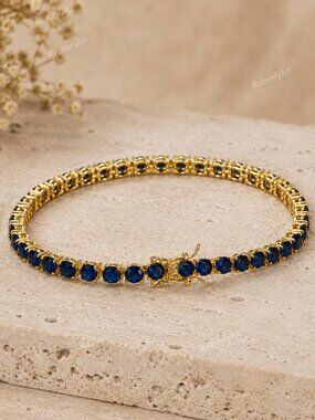 Blue Sapphire Tennis Bracelet, 14k Gold Sterling Silver, 7" / 8" , New